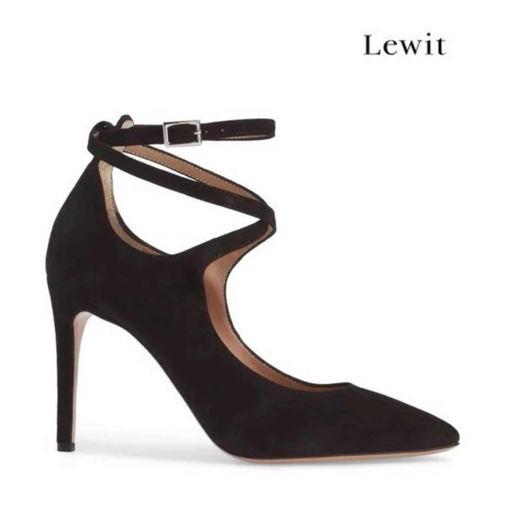 Lewit Black Leather Suede Stiletto Heels Ankle Strap Sz 36.5 us 6
